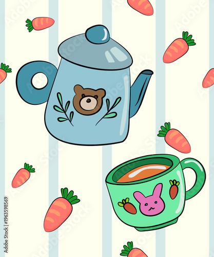 Cartoon-patterned teacups, seamless patterned,carrot, carrot juice, rabbit, bear, Minimalist teacup designs.