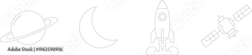 Space icons, astronomy symbols, rocket ship, planet, moon, satellite, vector graphics isolated on Transparent Background