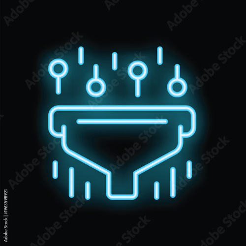 Glowing neon blue sales funnel representing the process of attracting and converting leads into customers