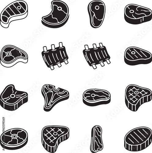 Meat Cuts Vector Icon Set: Minimalist Black Silhouette Beef Steaks BBQ Ribs T-Bone and Fillet Flat Design Isolated on White for Butcher Branding