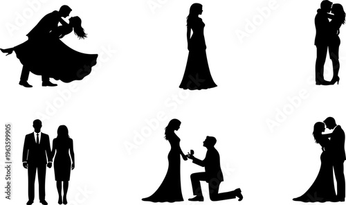Silhouette collection of couples in romantic poses, dancing, proposing, embracing, kissing, love relationship illustration, isolated vector design
