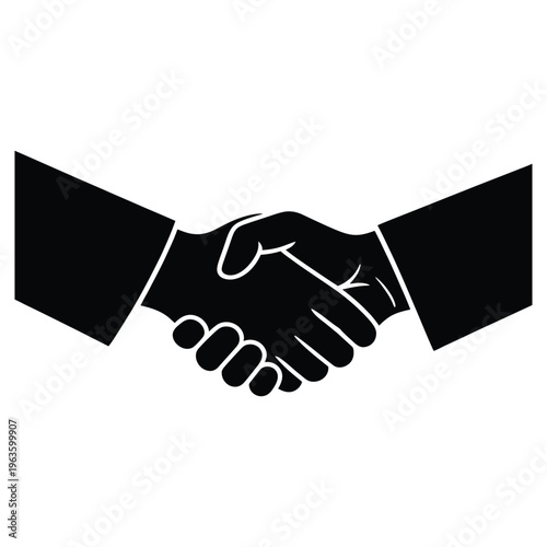 A black silhouette depiction of two hands clasping in a formal handshake gesture silhouette