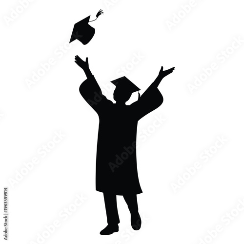 A graduate celebrates their achievement with a tossed cap and raised arms silhouette