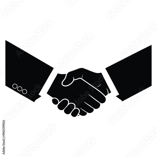 A black silhouette depiction of two hands clasping in a formal handshake gesture silhouette