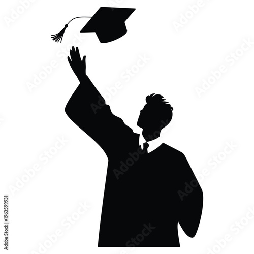 A graduate celebrates their achievement with a tossed cap and raised arms silhouette