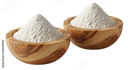 Two wooden bowls filled with white flour isolated on transparent background