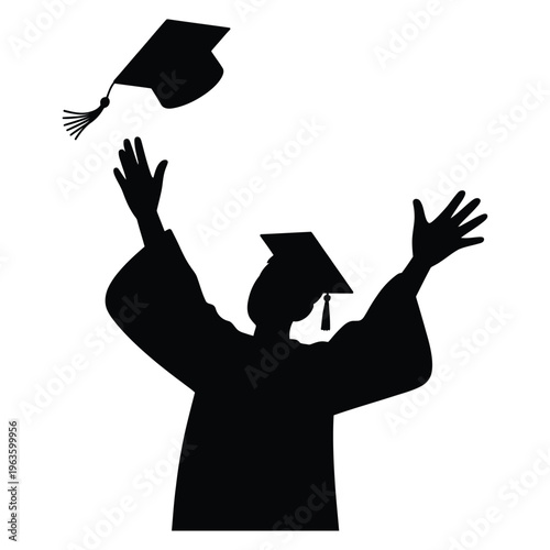 A graduate celebrates their achievement with a tossed cap and raised arms silhouette