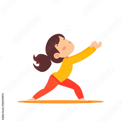 Yoga Girl Warrior Pose Illustration - Cartoon Kid Practicing Exercise, Healthy Lifestyle on Yoga Mat, Warm Up Workout for Children, Happy Child Fitness Isolated on White Background