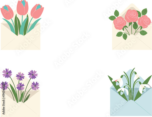 Tableau sur toile Beautiful Floral Bouquets in Envelopes with Tulips, Roses, and Lilies