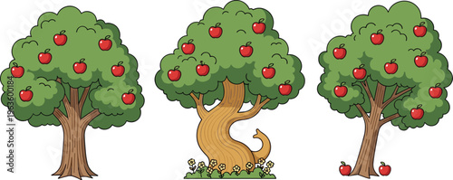 Apple Tree Vector Set with Cartoon Fruit Trees, Red Apples, Orchard Plants, and Nature Illustrations for Agriculture, Harvest Season, and Garden Design Projects