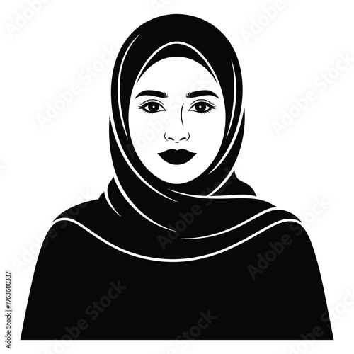 A striking portrait of a woman wearing a traditional hijab presented in black silhouette
