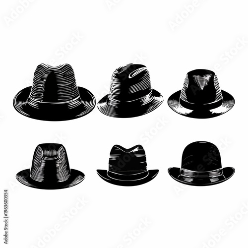 Collection of black fedora hats.
