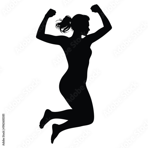 A triumphant woman leaps joyfully in the air arms raised in a victorious pose silhouette