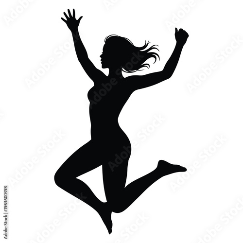 A triumphant woman leaps joyfully in the air arms raised in a victorious pose silhouette