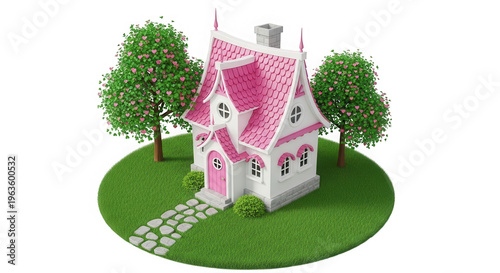 Pink fairytale house with heart trees on a grassy island isolated on transparent background