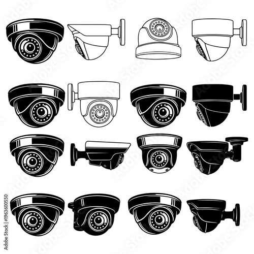 Security Camera System Silhouettes, CCTV Surveillance Home and Office Security Icons Vector