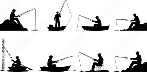 Silhouette collection of people fishing in boats and on land, sitting, casting lines, leisure activity illustration, isolated vector design