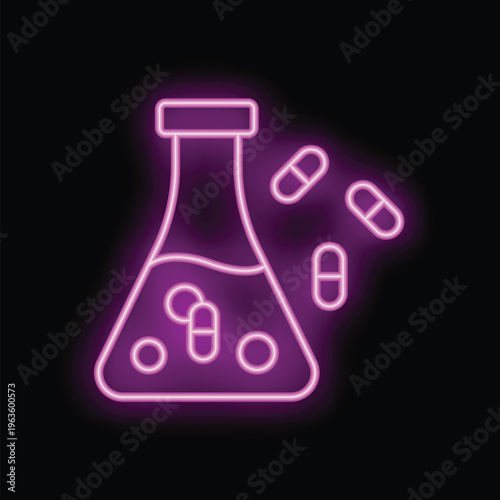 Glowing purple neon icon of a chemistry experiment with pills dissolving in an erlenmeyer flask on a black background