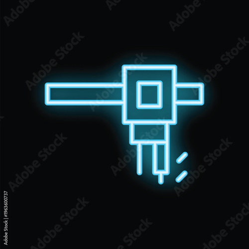 Bright blue neon icon of drilling rig extracting oil from ground glowing on dark background