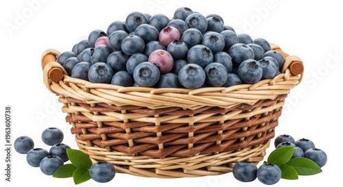 Fresh blueberries in wicker basket isolated on transparent background