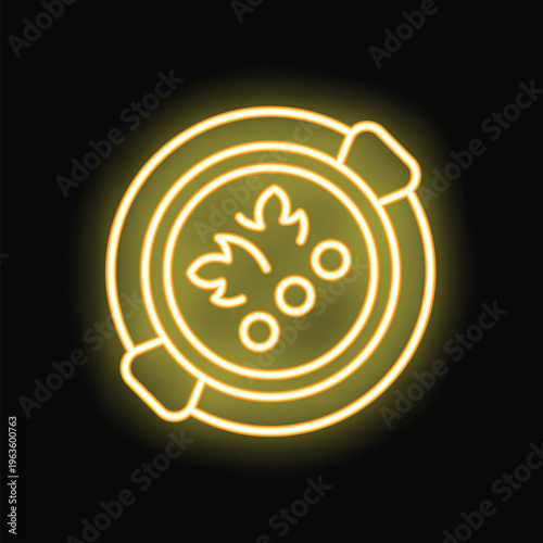 Yellow neon sign of a bowl of traditional finnish soup with a spoon on a black background