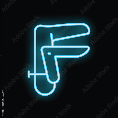 Neon blue icon of a gynecological speculum glowing on black background