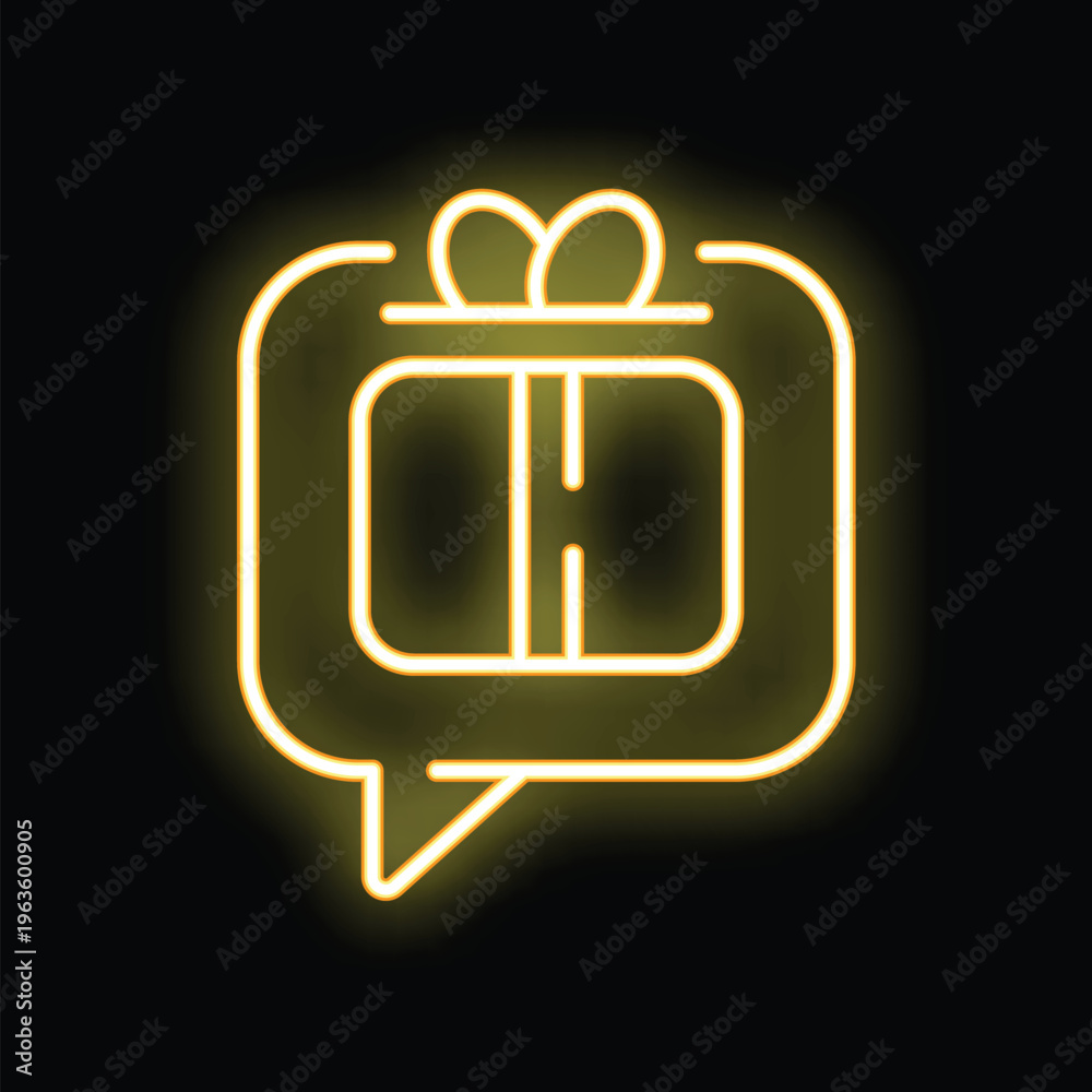 Naklejka premium Yellow neon glowing symbol of speech bubble with gift box inside, representing online gifts and shopping for presents on the internet