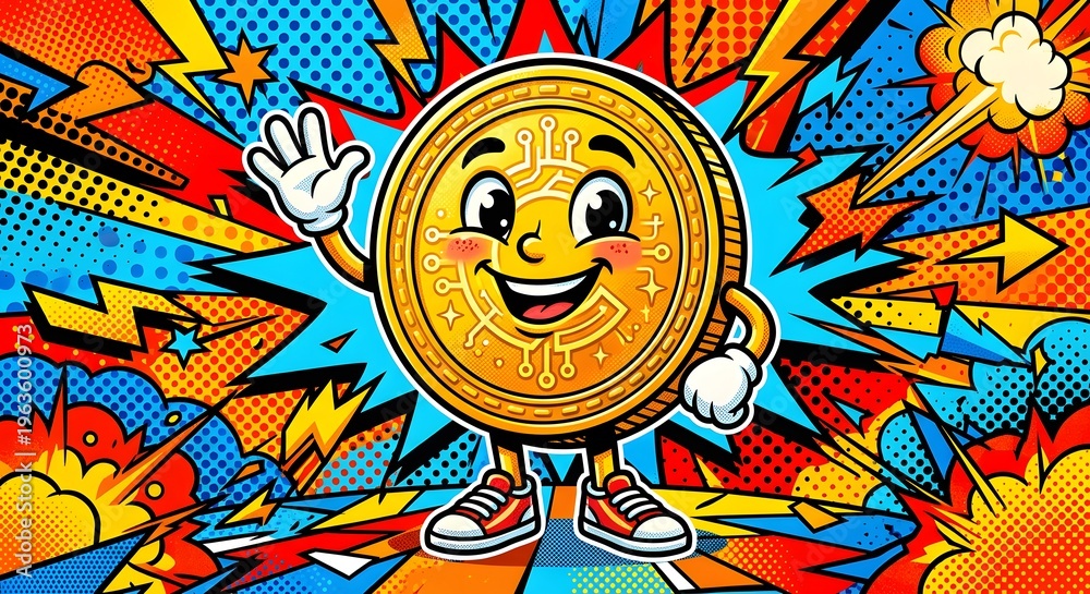 Fototapeta premium A cartoon coin with a smiling face and arms, waving cheerfully, set against a vibrant comic book background