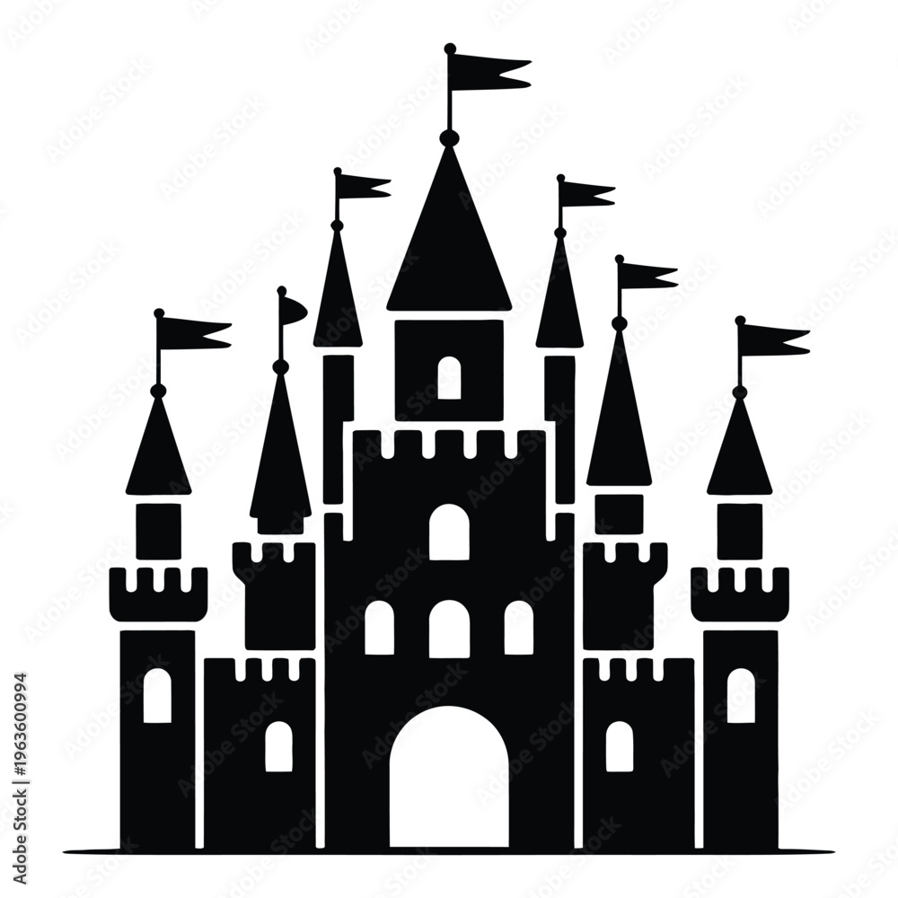 Fototapeta premium A striking black castle illustration with multiple towers and flags rendered as a silhouette