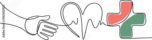 Handshake connected with heart rhythm and medical cross symbol in single line drawing for health partnership.
