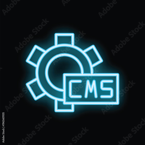 Glowing neon blue icon of a gear and a cms label, representing content management system
