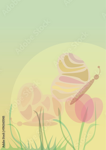 delicate illustration of the nature in spring with flower and butterflies and grass
