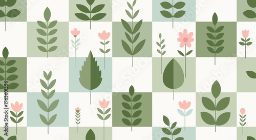 An elegant, repeating botanical pattern featuring stylized leaves and flowers, perfect for backgrounds or textile designs. This beautiful flat design offers a clean and modern aesthetic with a limited