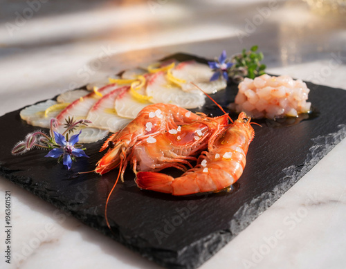 Savor the sea with this Italian crudo masterclass: ruby red shrimp, delicate carpaccio, and tartare, finished with citrus, olive oil, and borage.