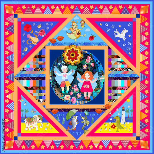 Little boy and girl in butterfly costumes. Magic collection of prints. Design for children's scarf, napkin with cute cartoon fish, dino, elephant, crocodile, unicorn. Elegant patchwork pillowcase.