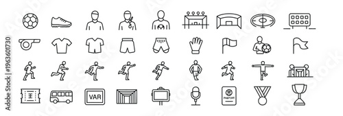 Vector icon set for soccer and sports: players, equipment, stadium, and game elements.