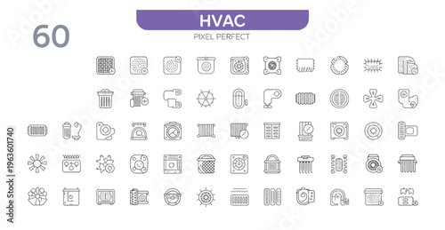 HVAC icons: heating, ventilation, and air conditioning system components and functions.