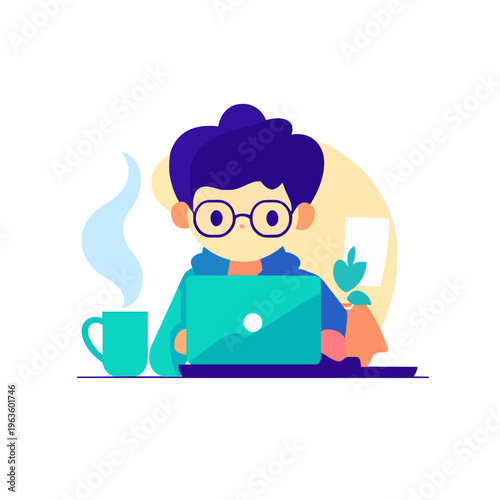 Boy Laptop Working at Home with Coffee - Student Learning Online, Flat Vector Illustration, Modern Lifestyle, Remote Job, Education, Freelance, Happy and Productive