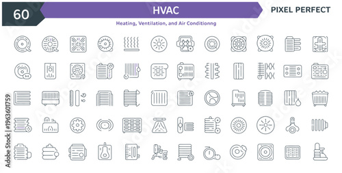 Collection of 60 thin line icons representing HVAC systems, heating, ventilation, and air conditioning.