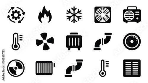 HVAC icons: heating, ventilation, and air conditioning system components and symbols in solid style.