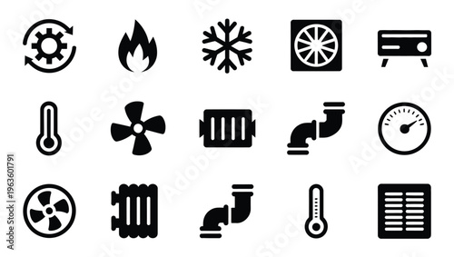 Set of HVAC icons including fan, snowflake, thermometer, and heating elements