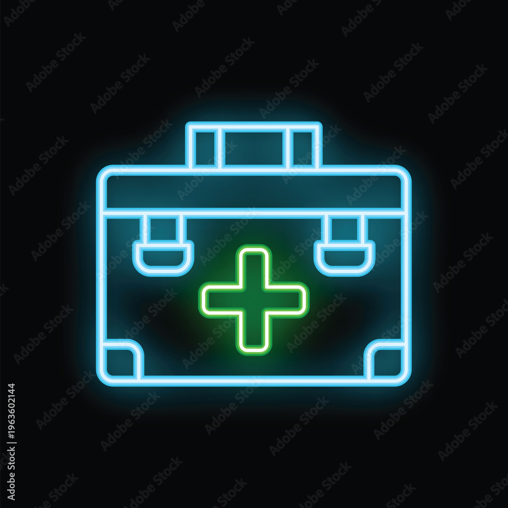 Obraz premium Glowing neon line first aid kit icon isolated on a black background vector illustration