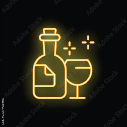 Neon sign representing bottle of wine with blank label and wineglass glowing on black background