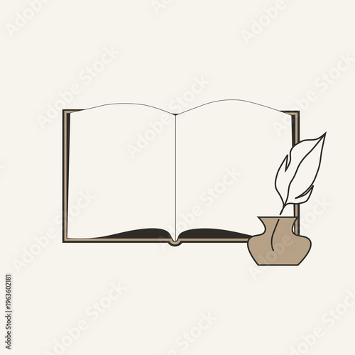 Open Book with Feather Minimalist Wall Art, Writing and Scripture Poster, Knowledge and Wisdom Symbol, Neutral Aesthetic Decor, Modern Minimal Illustration Design