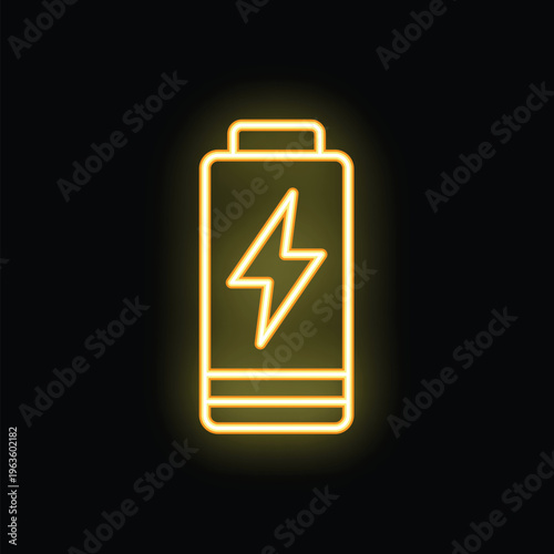 Bright neon yellow battery charging icon glowing on black background, representing energy, power, and electricity