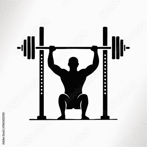 Black silhouette of man lifting weights in squat rack
