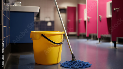Wallpaper Mural Bright yellow bucket and blue mop stand ready for sanitation tasks in a public restroom with vibrant pink stalls, focusing on cleanliness and hygiene Torontodigital.ca