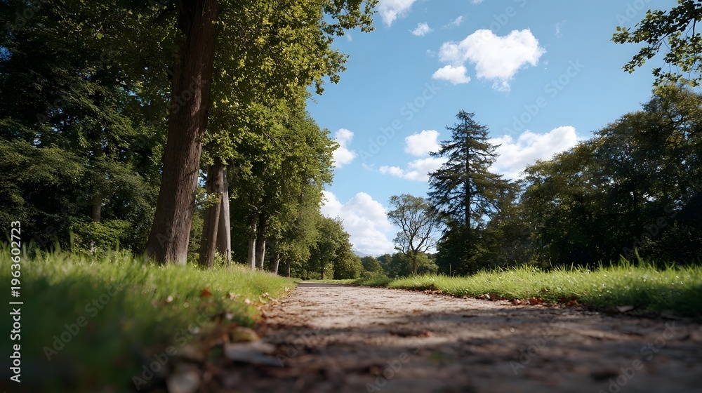Fototapeta premium A serene pathway winds through a sun d d park lined with tall trees under a bright blue sky with white clouds