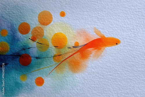 Elegant Koi Fish Swimming Through a Wave of Colorful Ink Circles in a Minimalist Design