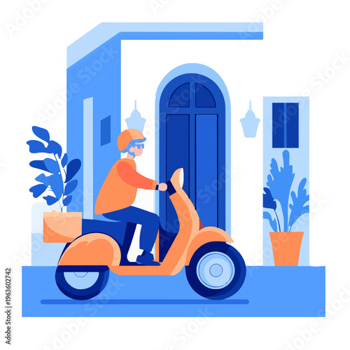 Scooter Delivery Person Riding in City, Urban Scene - Moped Courier Delivering Package, Fast Transportation on Narrow Street, Modern Flat Vector Illustration, Stylish and Clean (200/200)
